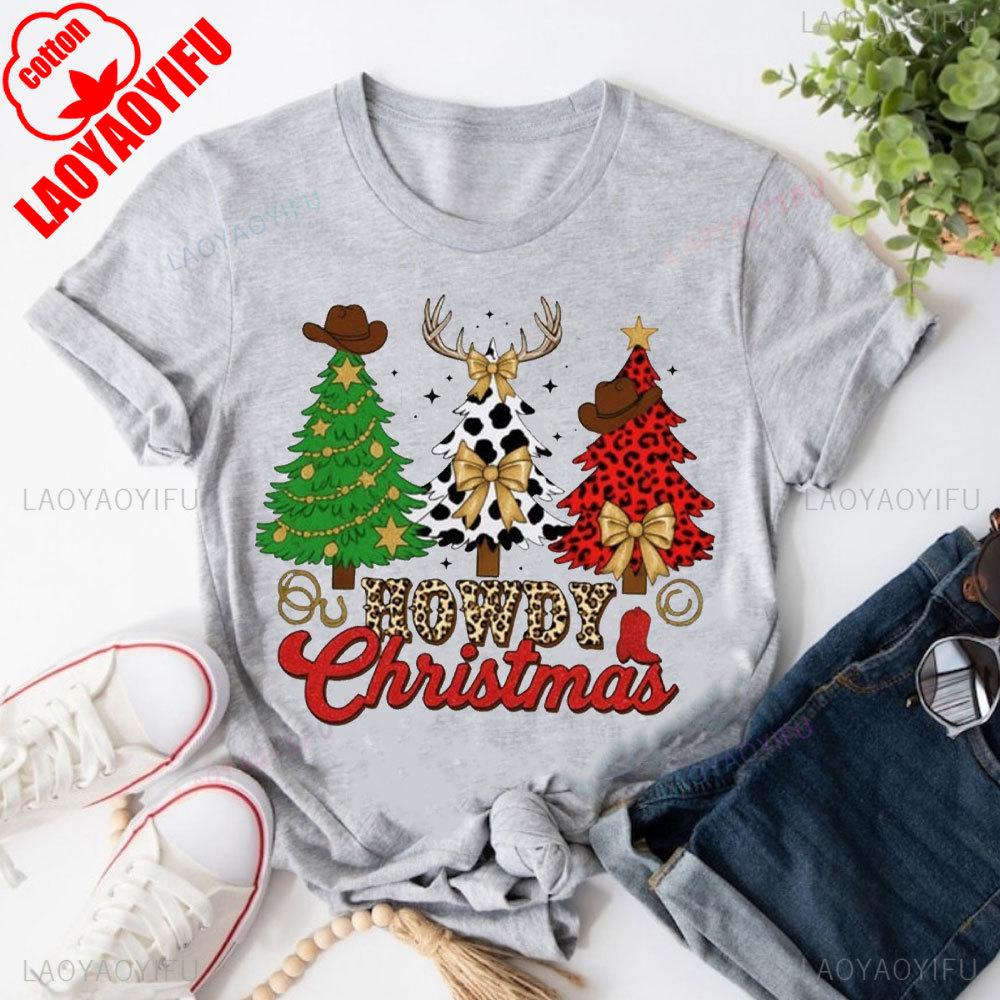 Howdy Christmas T Shirt Cowgirl Western Christmas Trees Tops Leopard Coquette Xmas Bow Tees High Quality Cotton Tops