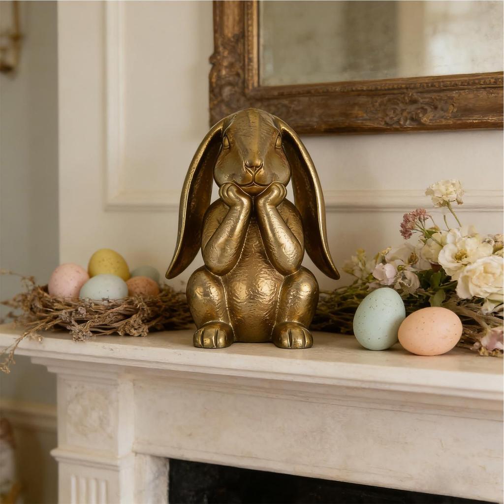 Gold Easter Bunny Figurine Thinking Rabbit Statue Spring Home Accents Resin Sculpture for Tabletop Shelf Farmhouse Office Decor
