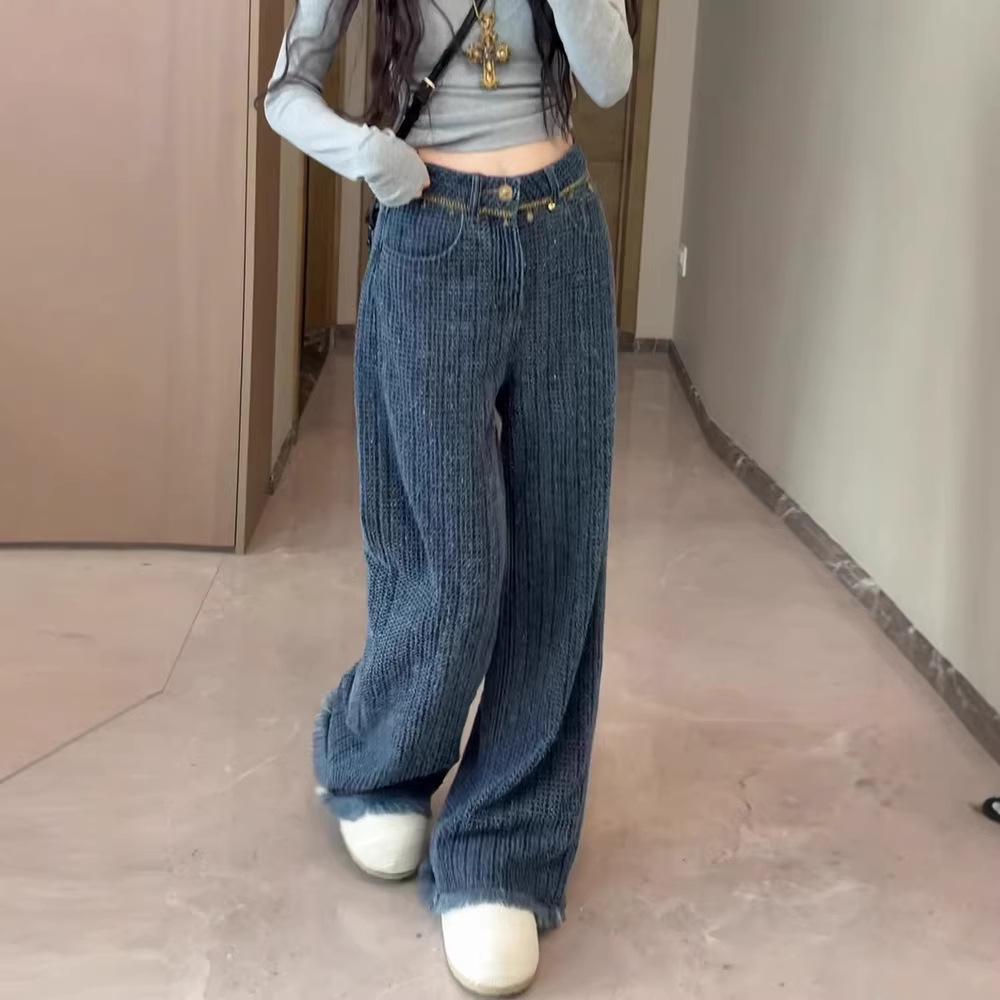 

Korean Chic Rhinestone Frayed Hem Wide-Leg Denim Pants for Women - Spring 2026 Medium синій