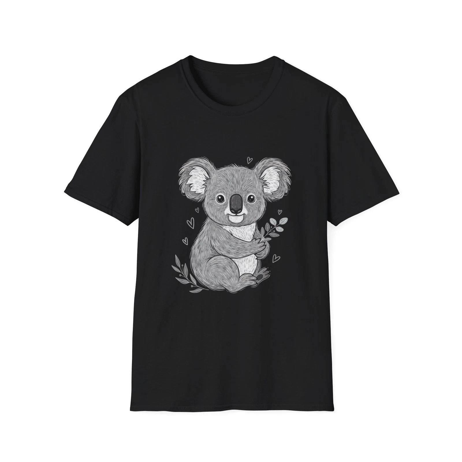 Koala Cute Illustrated Nature Black Tee Adorable Animal T-Shirt 3XL