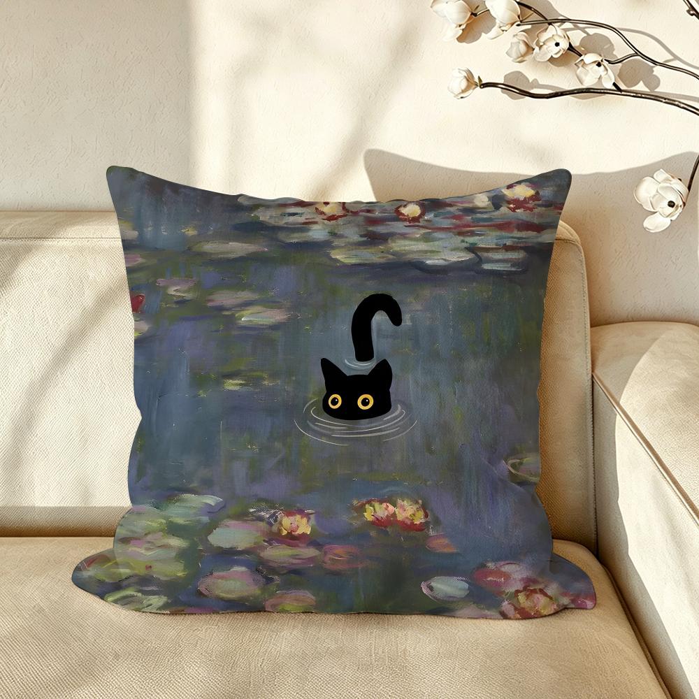 Art Monet WWater Lilies Black Cat Cushion Cover Pillow Case Antidustmite Pillowcase Silky Short Plush Sofa Cushion Cover Hot