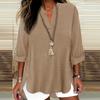 Women's Casual Loose Fit V Neck Mid Sleeve Tunic Top Button Detail Side Slits Lightweight Comfortable Blouse for Everyday Wear