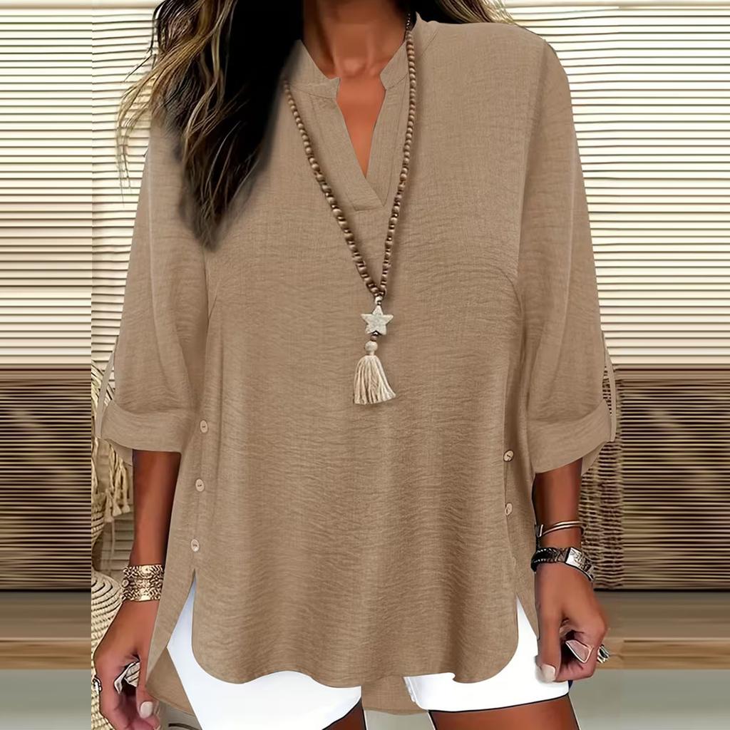 Women's Casual Loose Fit V Neck Mid Sleeve Tunic Top Button Detail Side Slits Lightweight Comfortable Blouse for Everyday Wear