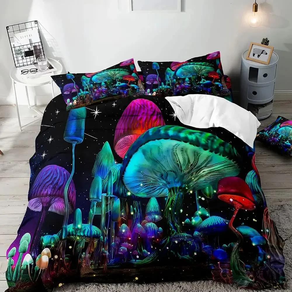 Trippy Mushroom Duvet Cover Set,Hippie Skull Bedding Set,Butterfly Moth Moon Phase Constellation Astrology Botanical Boho Theme