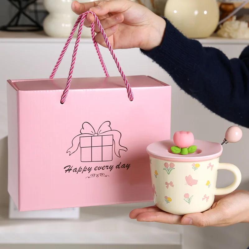 

Ceramic Cup Creative Coffee Mug with Tulip Flower Design for Women Aesthetic Ins Breakfast Cup Breakfast Mug Drinkware Kitchen 301-400ml