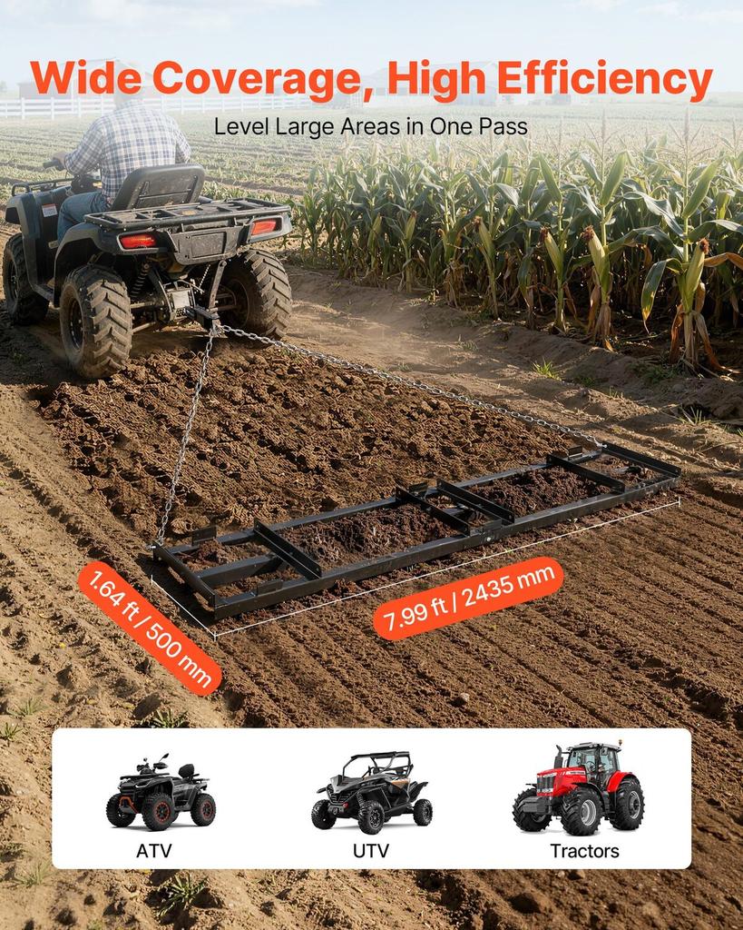 Drag Harrow, 243x50 Cm, Tow-Behind Driveway Grader with Adjustable Width & 50lbs Load Capacity, Heavy Duty Lawn Leveling Rake, Galvanized Steel Gravel