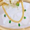 French Style Retro Jewelry Luxury Simulation Emerald Necklaces Gold Color Vintage Cuban Link Chain Necklace For Women