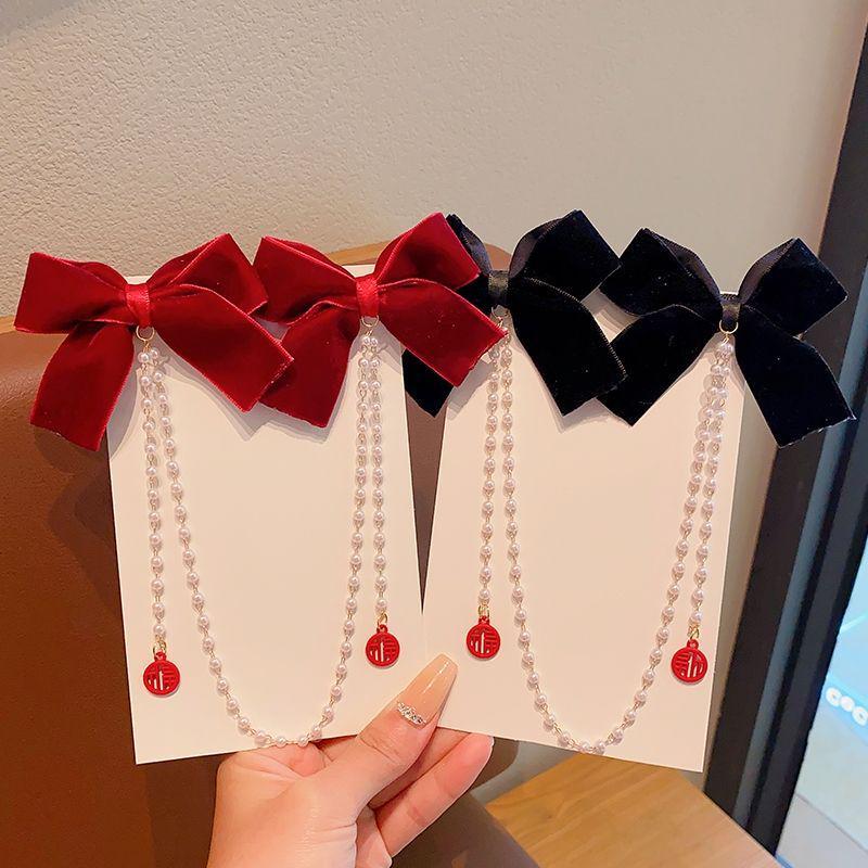 Girls  Red Bow Tassel Hair Clips for Chinese New Year, Autumn & Winter