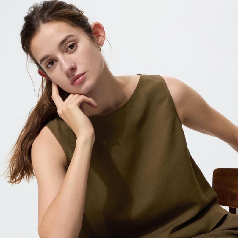 UNIQLO 483890 Linen Blend Sleeveless Blouse Top RED OFF WHITE BLACK NATURAL BROWN DARK GREEN Women Japan