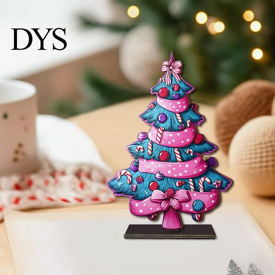 Christmas Party Favors 2D Wooden Tabletop Ornaments, Xmas Tree Santa Unique Holiday Ornaments Snowman Sign with Stand, Decorations Double Sided