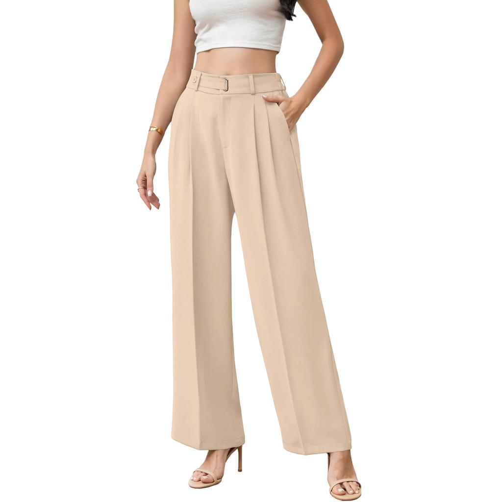 Women's High Waist Wide Leg Pants with Belt Business Casual Straight Leg Trousers for Office and Daily Wear