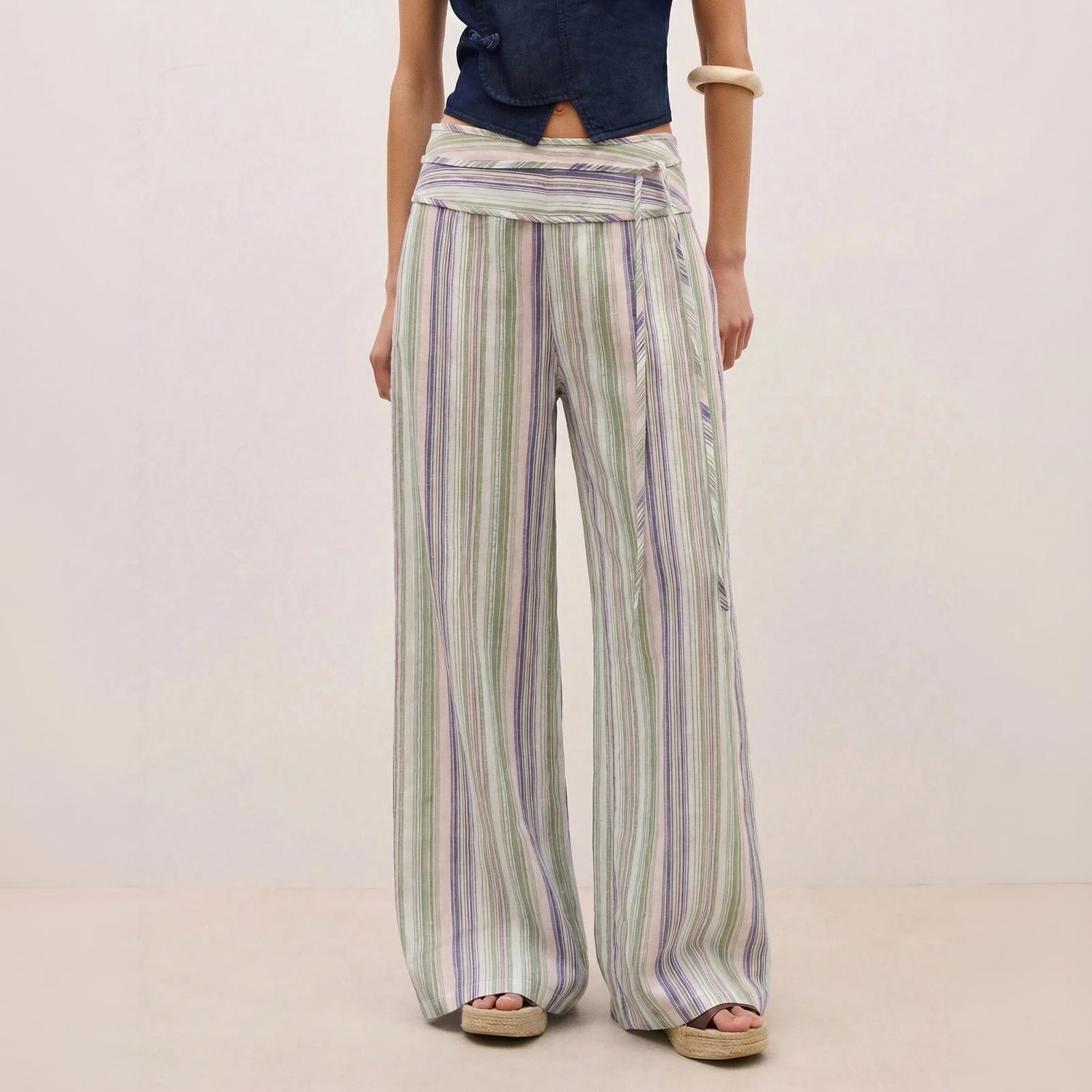 Women s High-Waisted Striped Wide Leg Pants with Tie Waist for Casual Vacation Wear L