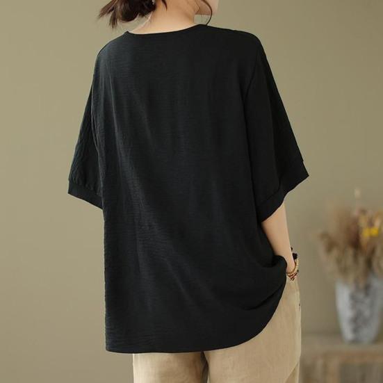 Women T-shirt Deep V Neckline Embroidery Floral Pattern Pullover Tops Pure Color Loose Fit