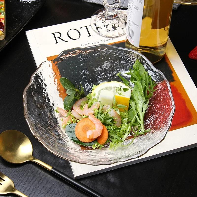 Glass Lotus Leaf Plate Smoke Gray Hammer Fruit Household Living Room Tray Dinner Plates Dishes and Plates Sets