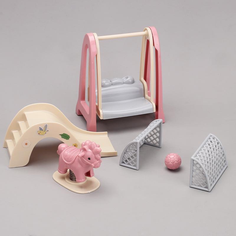 Miniature Amusement Park Set: Slide, Wooden Horse Swing, Playhouse & Accessories for Dollhouse