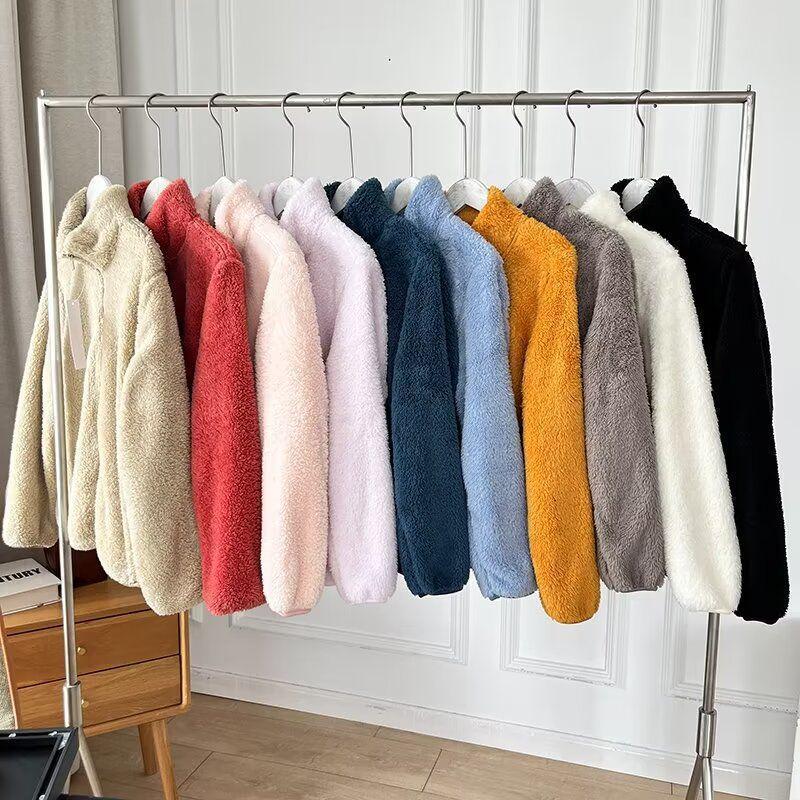 Women's Long Pile Fleece Jacket - Zipper Cardigan, Stand Collar, Warm Long Sleeve Top for Autumn/Winter