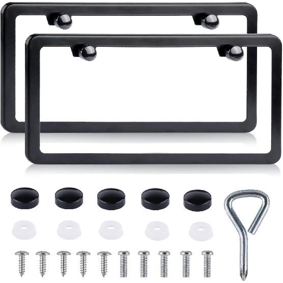 License Plate Frames Black - 2 Pack Rustproof Stainless Steel License Plate Holders, Well-Equipped Durable Front License Plate Mounting Kit With 2