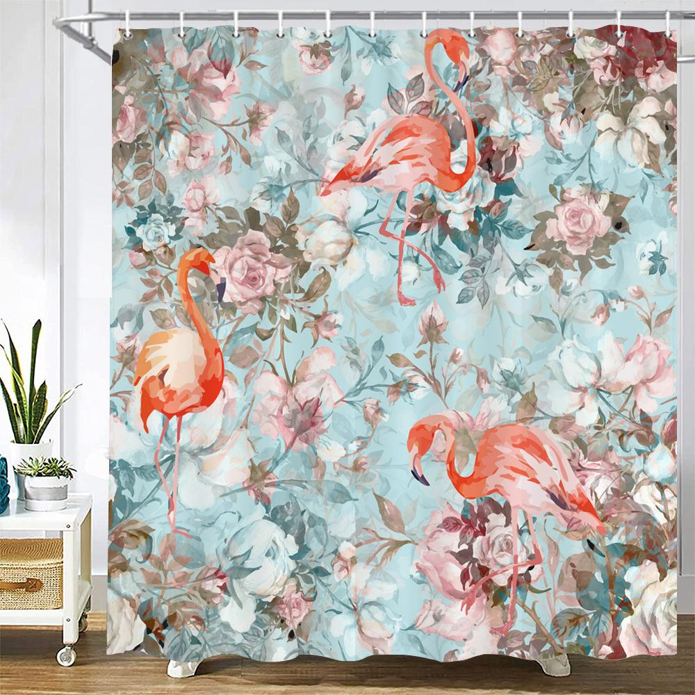 Waterproof Bathroom Shower Curtains Flamingo Polyester Bath Curtain Flower Leaves Plant Bath Screen Printed Curtain Home Decor