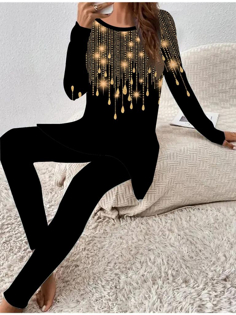 Euro-amerikanische Mode 3D Weihnachts-Druck Damen Vier-Jahreszeiten Langarm T-Shirt + Lange Hose Zweiteiler. Perfektes Geschenk für Neujahr & Weihnachten