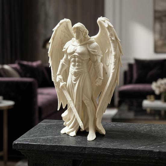 3D-gedruckte geflügelte männliche Engelsstatue Weiße Engelsfigur Stabile Basis Engelskrieger-Skulptur für Zuhause Büro Schreibtisch Regal Dekoration Geschenk Ornament