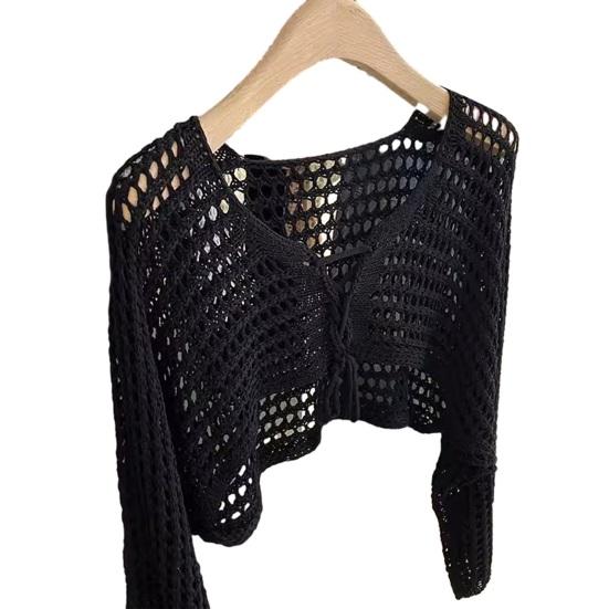 

Women Tops Loose Fit Casual Knitted Blouse Solid Color Hollow Design Lace-up Summer Sun Protection Short чорний
