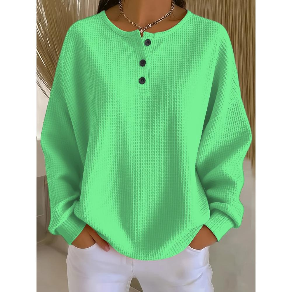 Plus Size Women Waffle Knit Long Sleeve Top, Solid Color Henley Neck Button Loose Pullover, Ladies Casual Daily