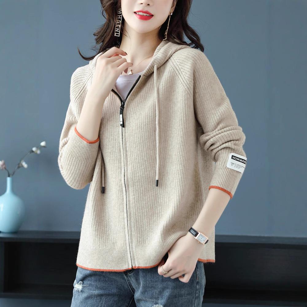 Knitted Hoodie Women's Spring and Autumn Solid-color Short Knitted Sweatshirt Hooded Zipper Sweater Cardigan Baseball Jacket
