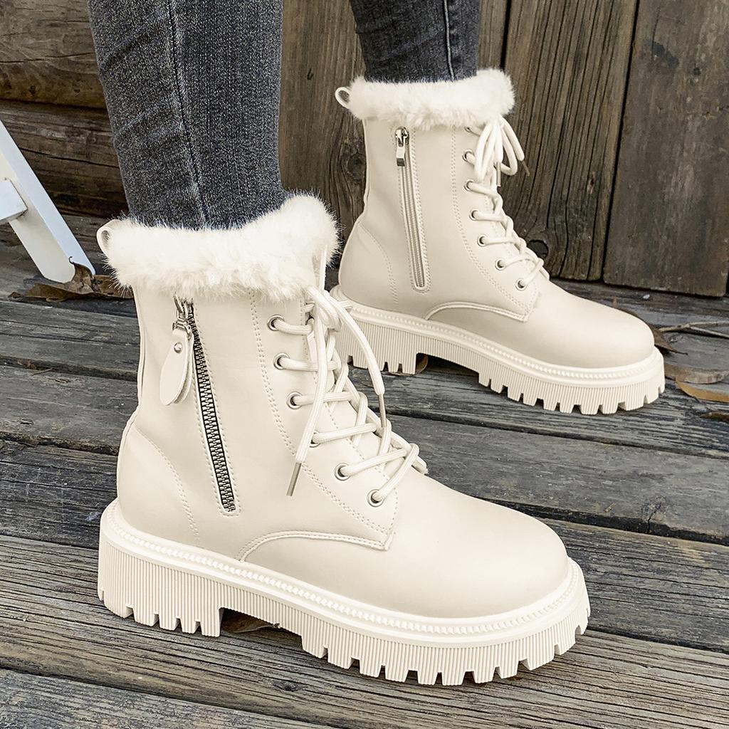 Women Ankle Boots Winter Cotton Shoes Fashion Round Toe Lace-Up Shoes Women Side Zip Platform Non-Slip Booties Zapatos De Mujer