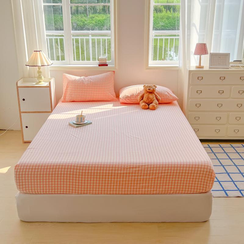 2024 New A-class Solid Color Good Quality Grid Washed Cotton Bed Sheet, Single Piece Fully Enclosed Non Slip Bed Sheet, Bed