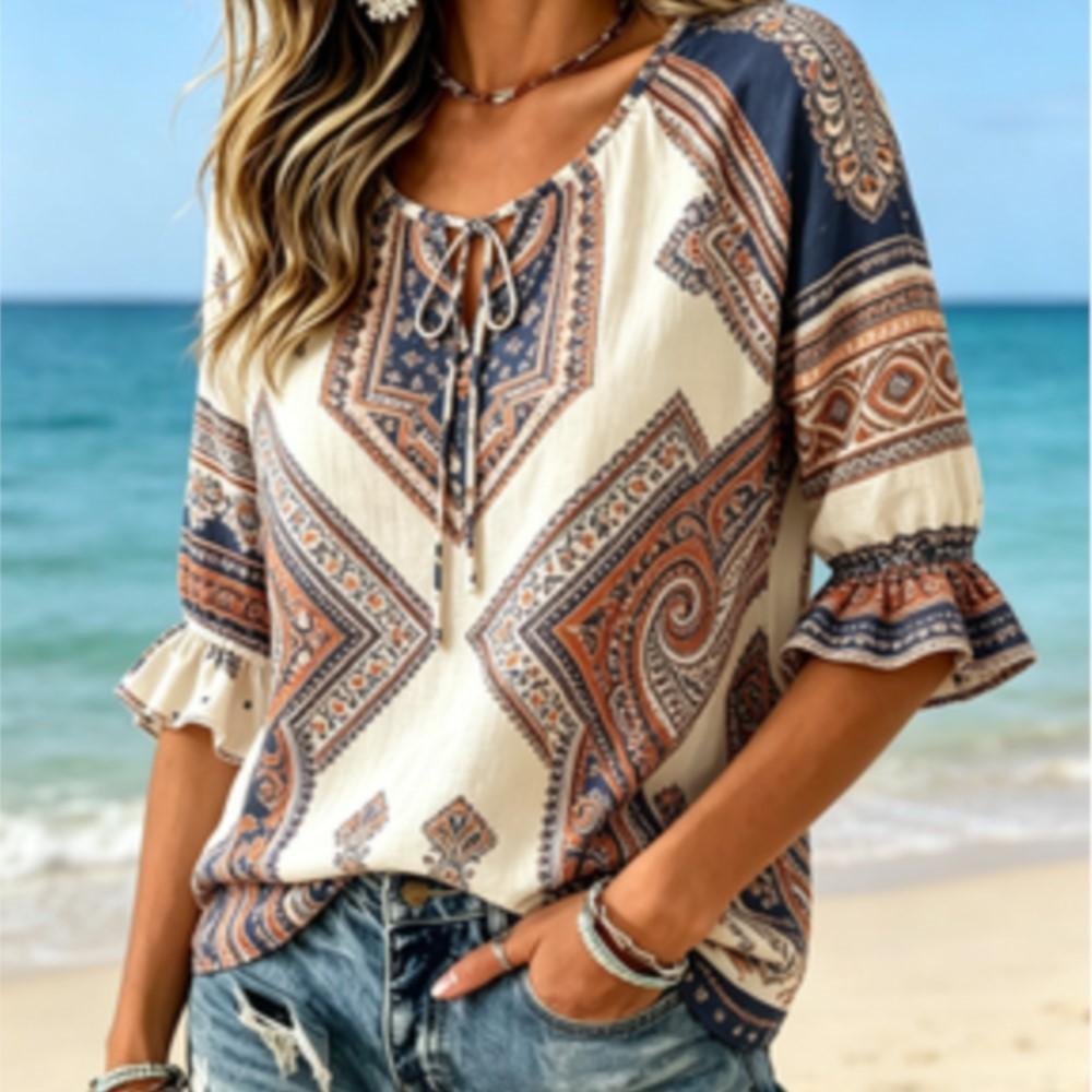 Women's Boho Paisley Geometric Print Shirt Tie Neck Ruffled 3/4 Sleeve Loose Casual Top for Vacation Daily Wear