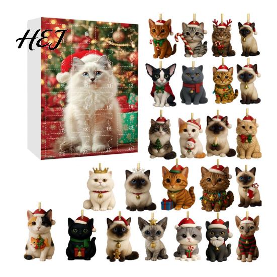 Holiday Countdown Gift Box 24 Day Cat Advent Calendar with Acrylic Christmas Ornaments, 2D Flat Animal Themed Ornaments Hanging Decorations, Xmas Tree