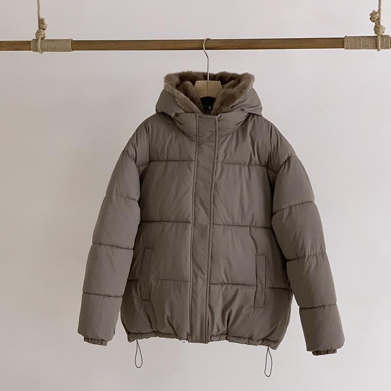 Stand-up collar women's cotton-padded jacket solid color loose velvet thickened hooded trendy fashion student women's bread cotton-padded jacket