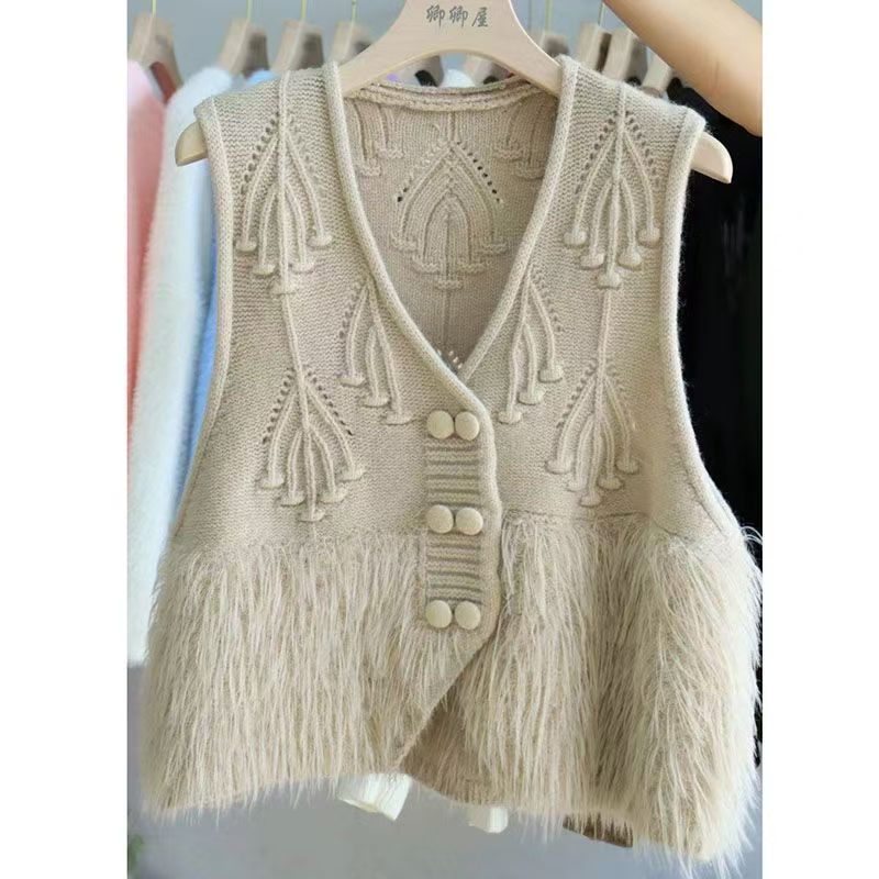 

Вязаный кардиган жилет жилет женский новый воротник имитация норки сращивание трехмерный крючком трендовый жилет 2XL хаки
