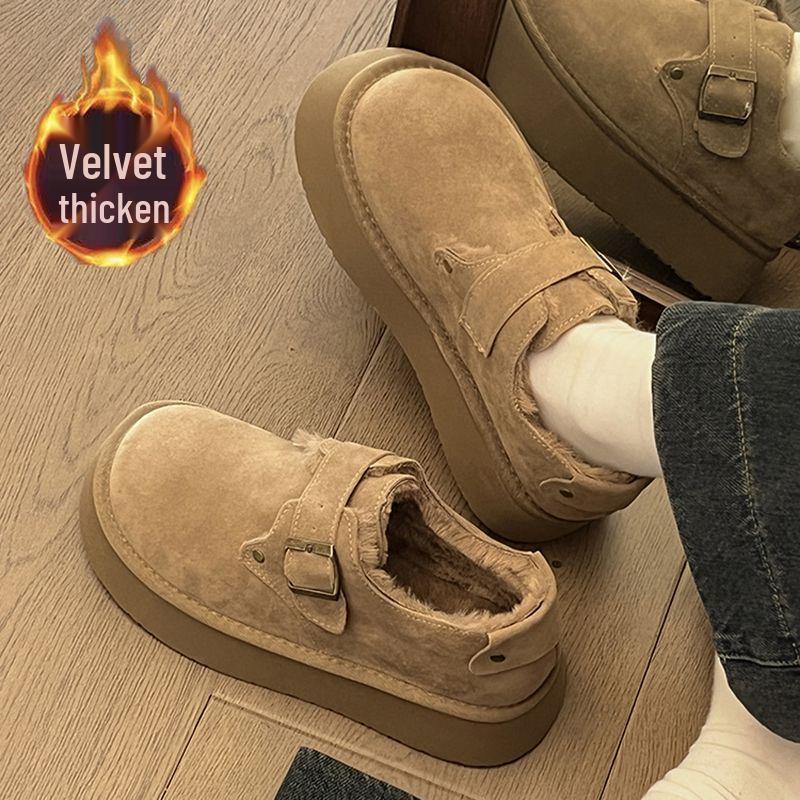 Women's Winter Furry Moccasins: Brown Cotton Slip-On Snow Boots with Thick Soles.