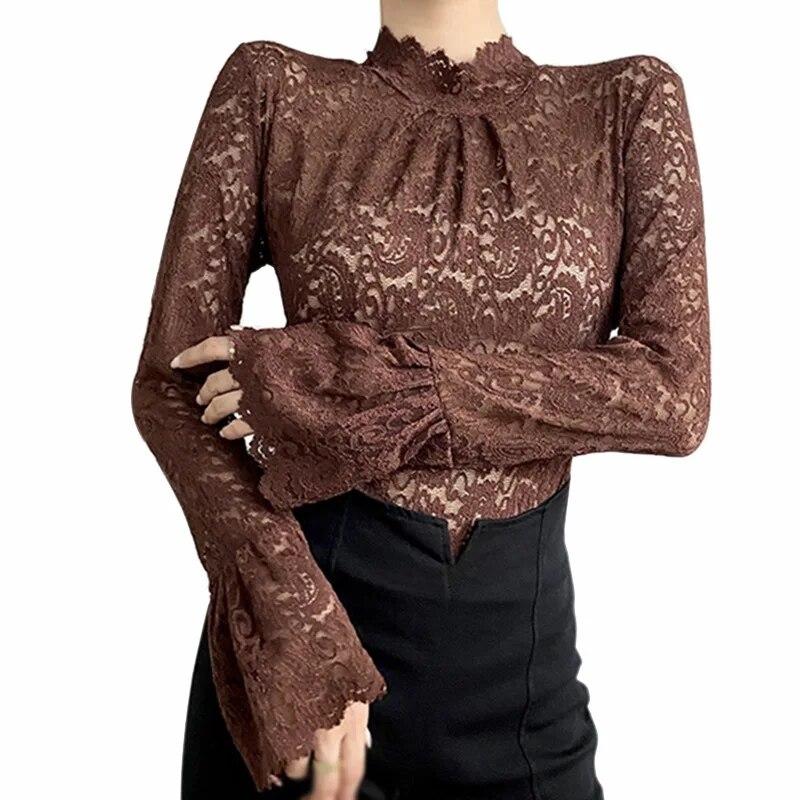 Dámský krajkový top Košile Slim Fit Základní vrstva Tričko Ležérní Tričko Podzimní Oblečení Volný rukáv Poloviční rolák