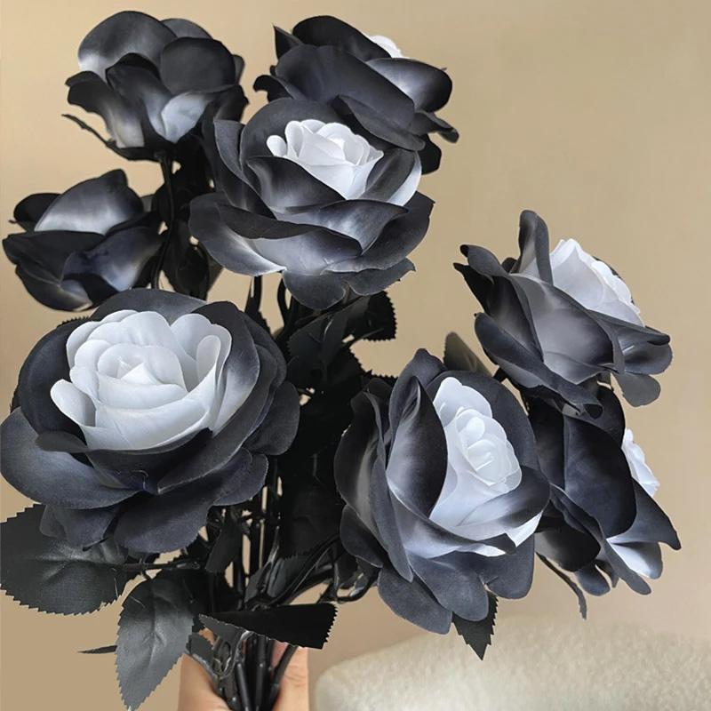 2Pcs 5 Heads 34cm Halloween Decor Realistic Fake Flower Bouquet Gothic Black & White Artificial Rose Flowers Branch