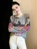 Korean Chic Round Neck Print Design See-through Long Sleeve Mesh Top for Spring & Autumn