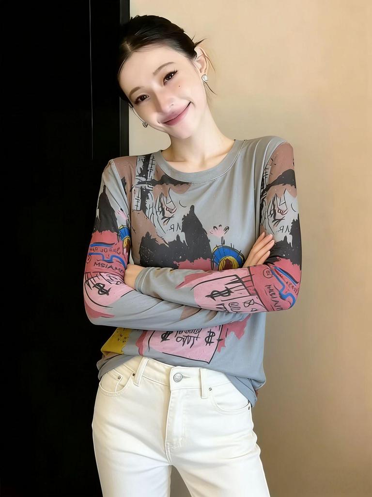 Korean Chic Round Neck Print Design See-through Long Sleeve Mesh Top for Spring & Autumn