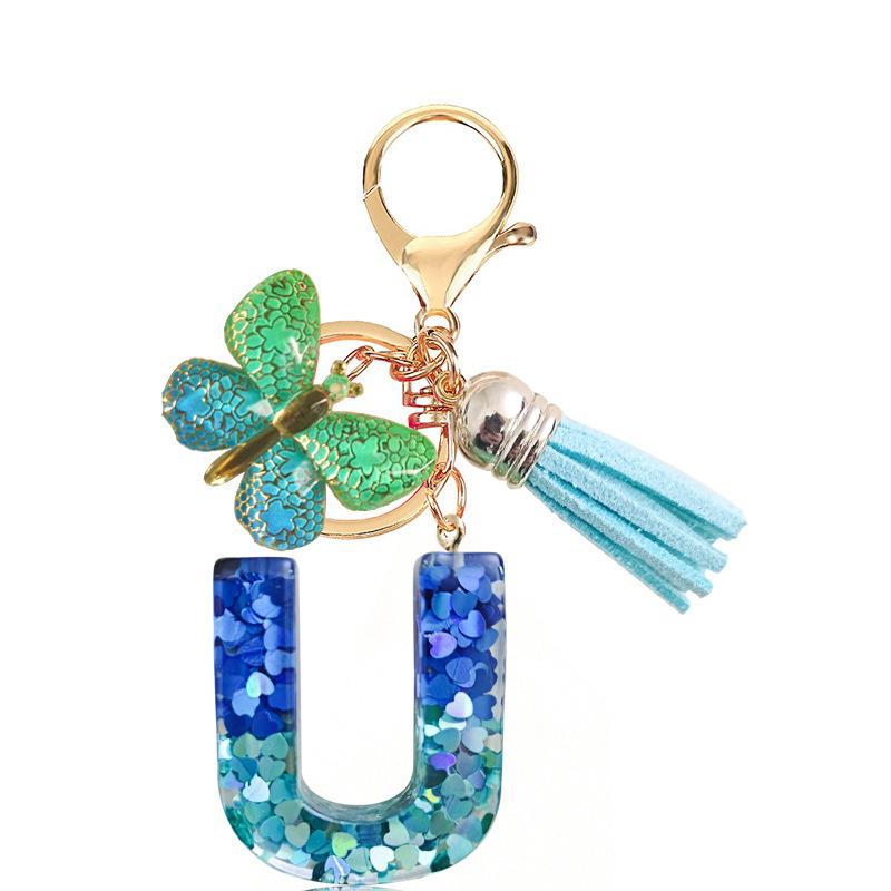 Fashion Blue Glazed Stone A To Z Letter Keychain 26 Initials Alphabet Butterfly Tassel Pendant Car Key Chain Women Jewelry GIfts