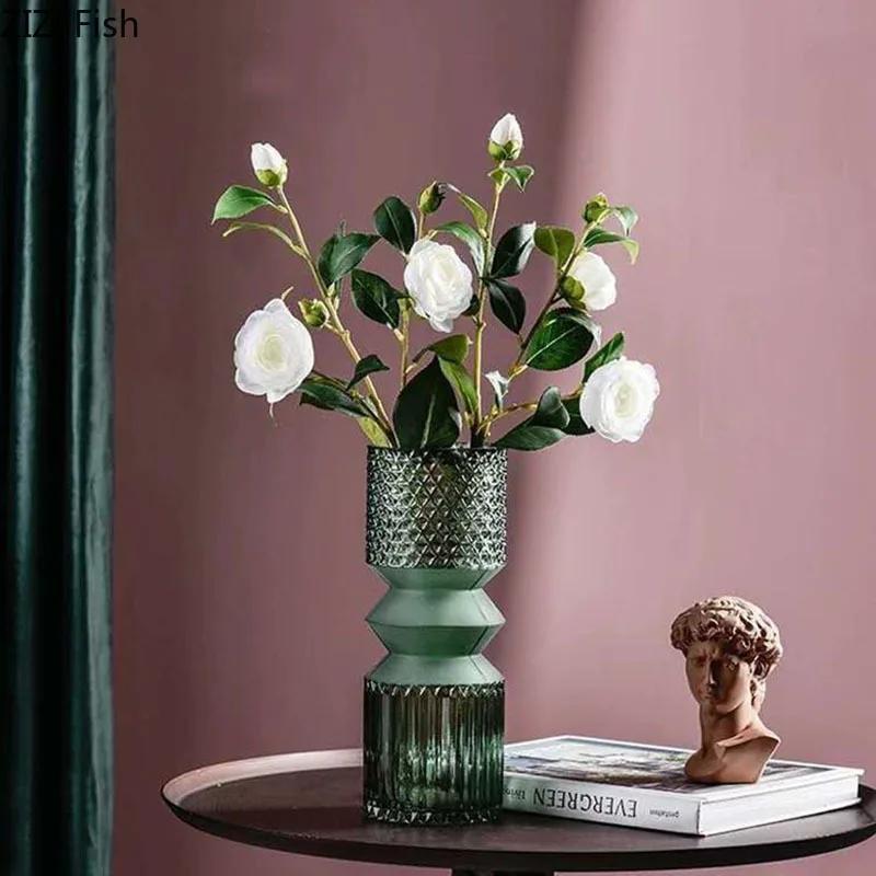 Green Relief Glass Vase Hydroponics Flower Pots Desk Decoration Flowers Arrangement Crafts Floral Vases Room Aesthetic Decor