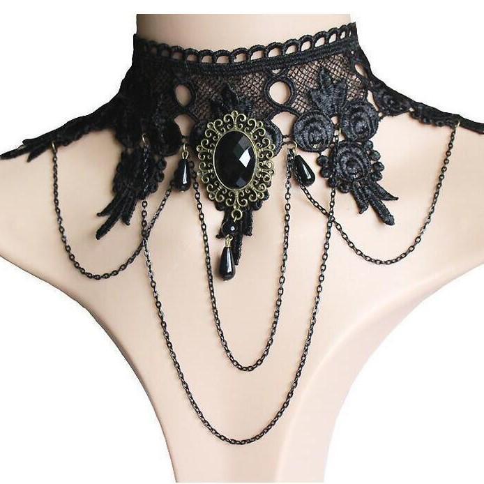 Colier Choker Gotic din Dantelă Neagră - Accesoriu Simplu Punk pentru Femei