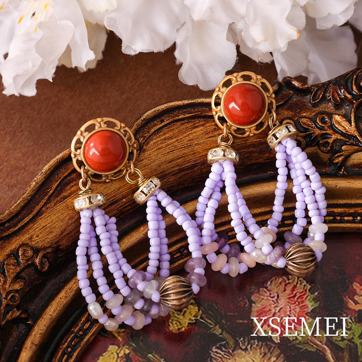 

Винтажное филигранное ожерелье с агатом и стеклянной кисточкой и комплект серег-кисточек со стразами и пресноводным жемчугом