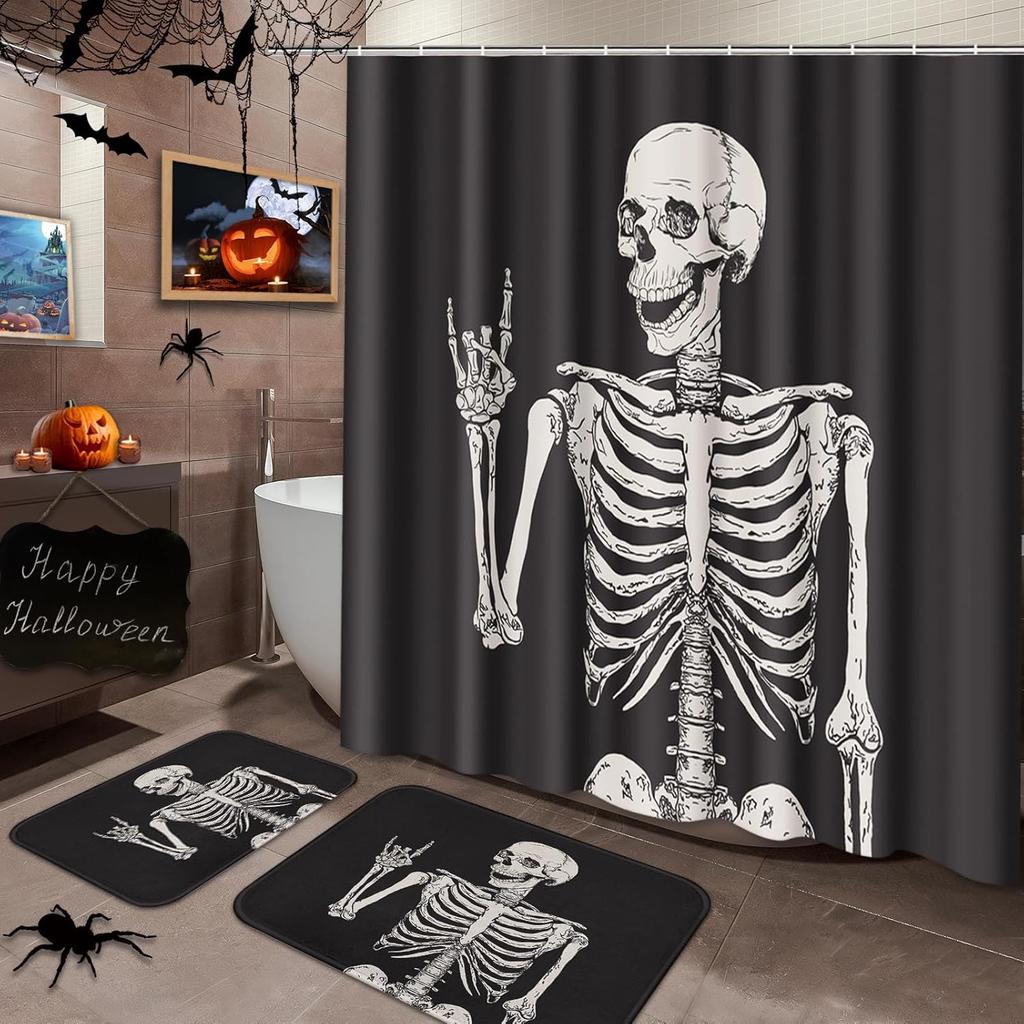 Halloween Bathroom Sets With Shower Curtain And Rugs Accessories, Funny Ghosts Shower Curtain Sets, Trick Or Treat Shower