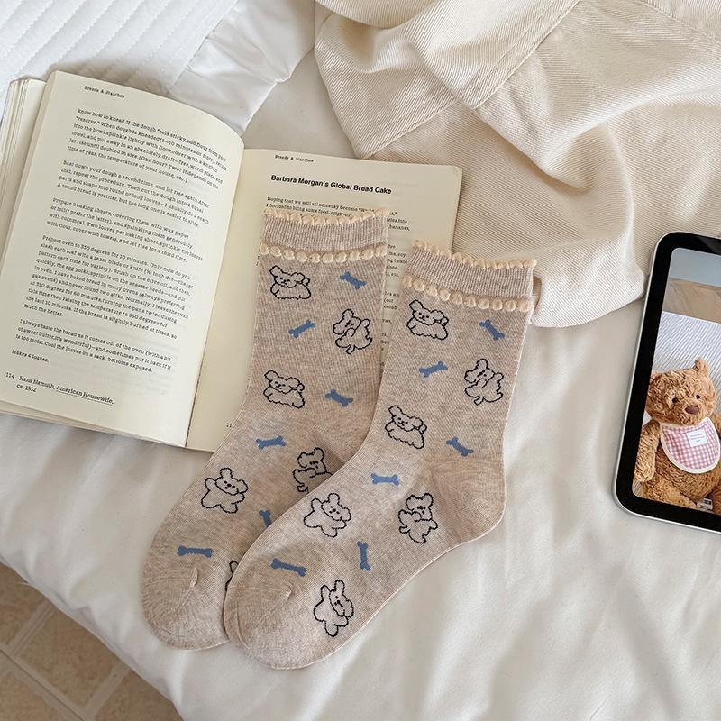 Women s Japanese Style Cute Cat Lace Mid-Calf Socks - Spring/Summer One Size