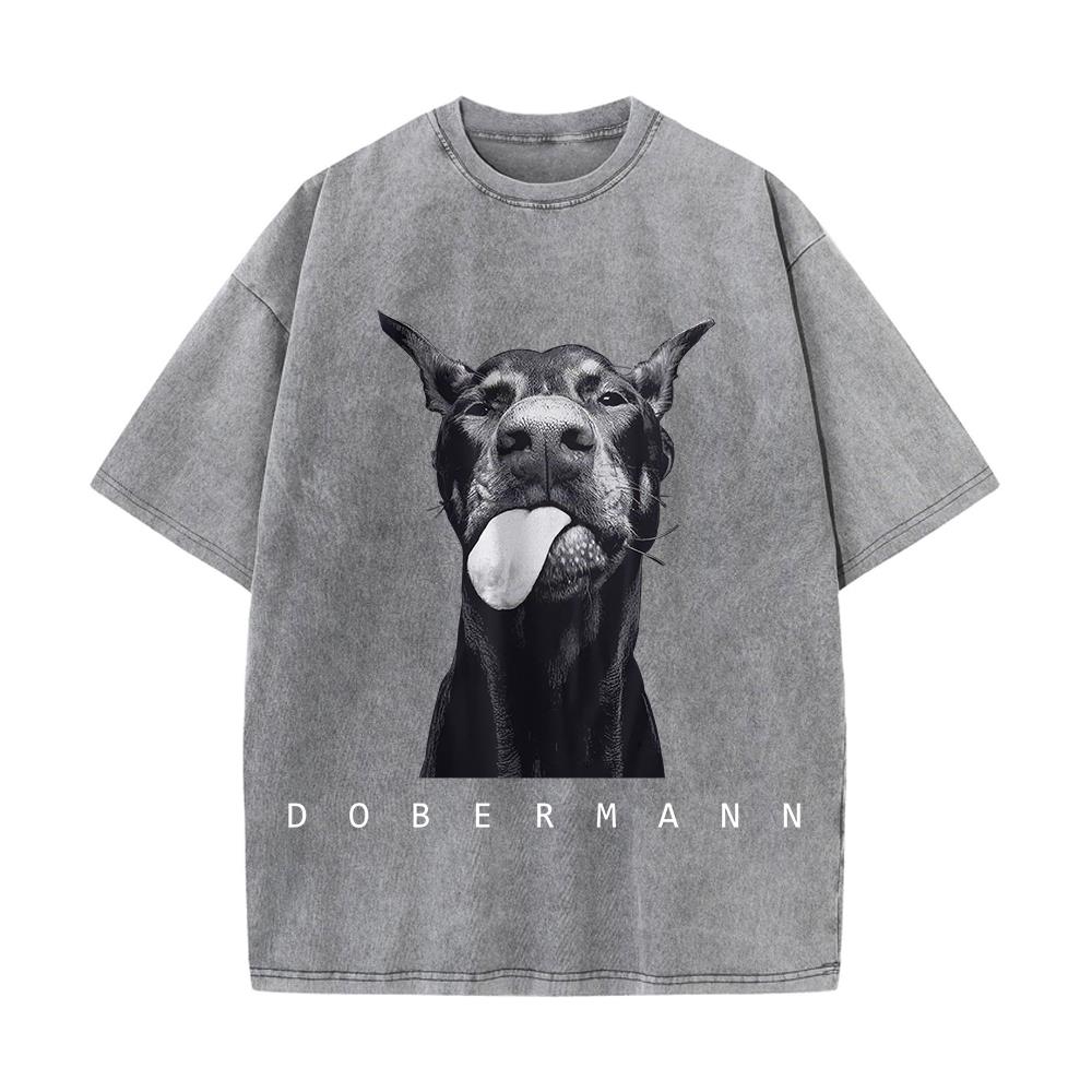 Womans Cotton Washed TShirts Fashion Creativity Doberman Printing Short Sleeve ONeck Loose Distressed Street Female Clothes