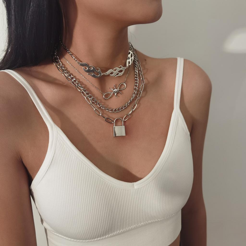 Accessories, Punk Hip Hop Knotted Chain Flame Necklace, Fashion Alloy Lock Pendant Necklace Women