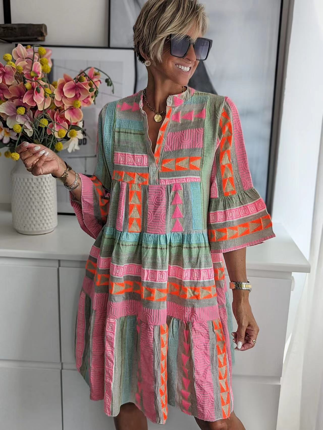

European and American fashion new printed stand-up collar seven-quarter sleeve dress S розовый