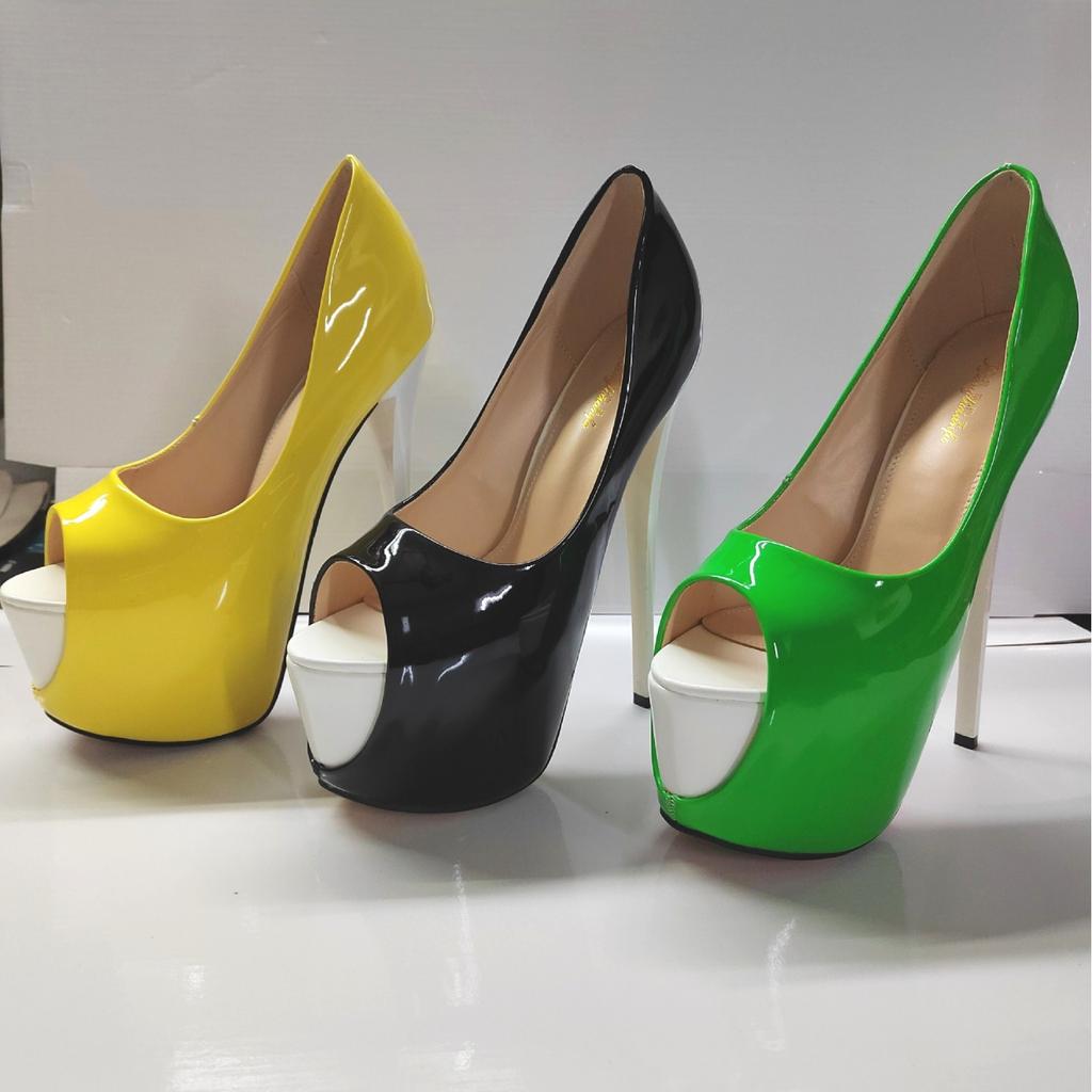 2026 new color matching outer height thin heel 19cm candy color patent leather fish mouth large size women's shoes hate sky high heels