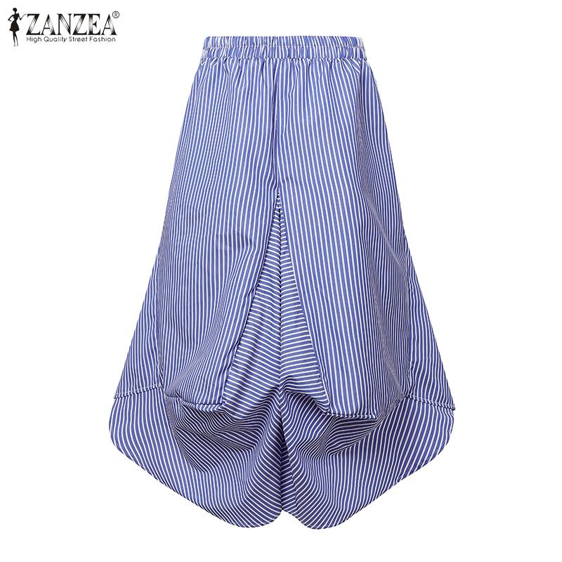 ZANZEA Dame Casual Elastisk Midje Løse Capri Bukser med Stripetrykk