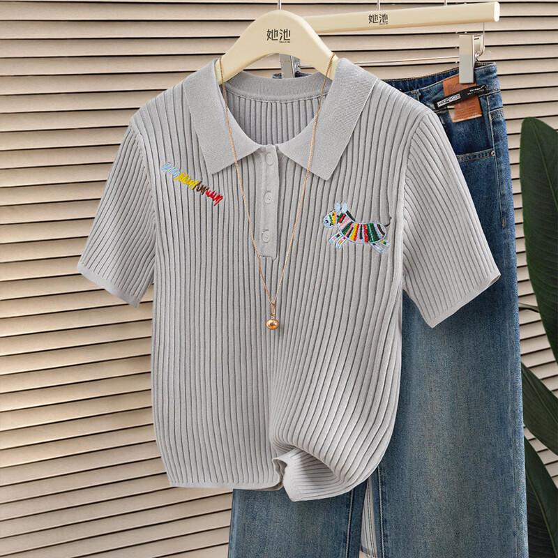 Tachi Women s Cartoon Embroidered Ribbed Polo Knit Shirt XL